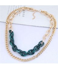 Dual Layers Golden Chain Bold Fashion Women Statement Necklace - Green