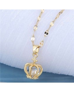 Cubic Zirconia Inlaid Crown Pendant Design Korean Fashion Women Costume Necklace - Golden