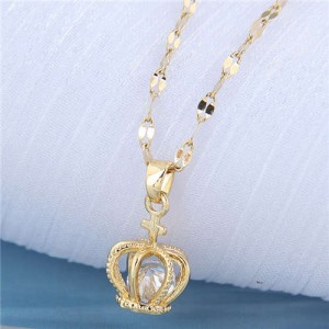 Cubic Zirconia Inlaid Crown Pendant Design Korean Fashion Women Costume Necklace - Golden