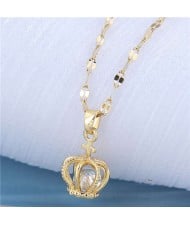 Cubic Zirconia Inlaid Crown Pendant Design Korean Fashion Women Costume Necklace - Golden