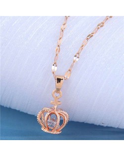 Cubic Zirconia Inlaid Crown Pendant Design Korean Fashion Women Costume Necklace - Rose Gold