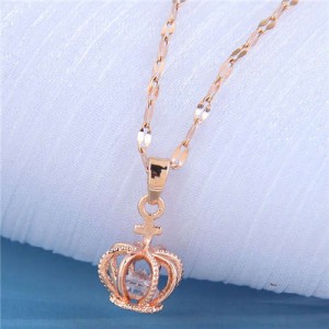 Cubic Zirconia Inlaid Crown Pendant Design Korean Fashion Women Costume Necklace - Rose Gold