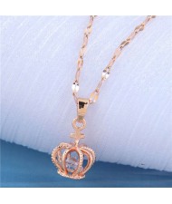 Cubic Zirconia Inlaid Crown Pendant Design Korean Fashion Women Costume Necklace - Rose Gold