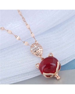 Red Corundum Fox Pendant Golden Chain Korean Fashion Women Costume Necklace - Rose Gold