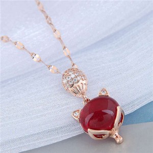 Red Corundum Fox Pendant Golden Chain Korean Fashion Women Costume Necklace - Rose Gold