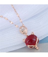 Red Corundum Fox Pendant Golden Chain Korean Fashion Women Costume Necklace - Rose Gold