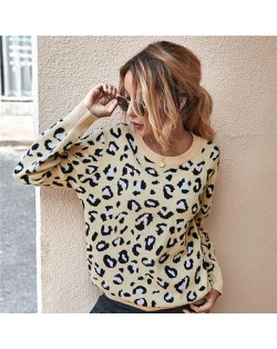 Unique Style Leopard Prints Long Sleeves Autumn and Winter Fashion Women Top - Apricot