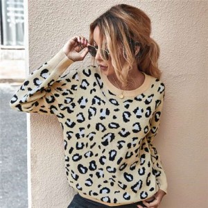 Unique Style Leopard Prints Long Sleeves Autumn and Winter Fashion Women Top - Apricot