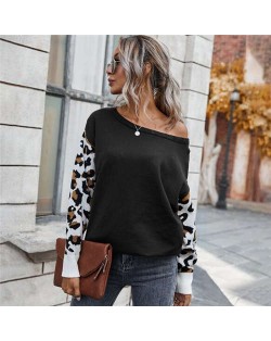 Contast Colors Leopard Prints Long Sleeves Autumn and Winter Fashion Women Top - Black