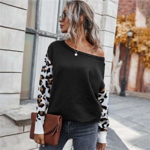 Contast Colors Leopard Prints Long Sleeves Autumn and Winter Fashion Women Top - Black