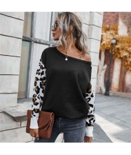 Contast Colors Leopard Prints Long Sleeves Autumn and Winter Fashion Women Top - Black