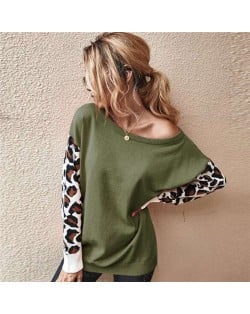 Contast Colors Leopard Prints Long Sleeves Autumn and Winter Fashion Women Top - Army Green