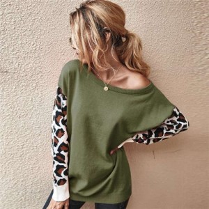 Contast Colors Leopard Prints Long Sleeves Autumn and Winter Fashion Women Top - Army Green