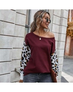 Contast Colors Leopard Prints Long Sleeves Autumn and Winter Fashion Women Top - Wine Red
