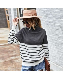 Stripes Design Contast Colors Long Sleeves Autumn and Winter Fashion Women Top - Gray