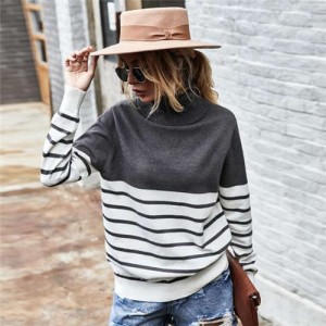Stripes Design Contast Colors Long Sleeves Autumn and Winter Fashion Women Top - Gray