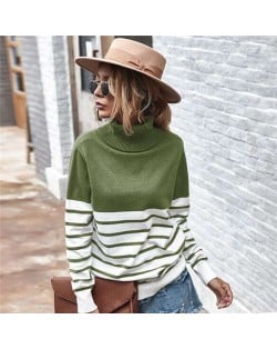Stripes Design Contast Colors Long Sleeves Autumn and Winter Fashion Women Top - Army Green
