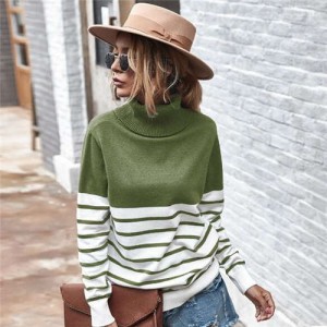 Stripes Design Contast Colors Long Sleeves Autumn and Winter Fashion Women Top - Army Green