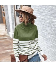 Stripes Design Contast Colors Long Sleeves Autumn and Winter Fashion Women Top - Army Green