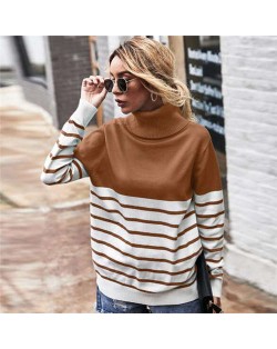 Stripes Design Contast Colors Long Sleeves Autumn and Winter Fashion Women Top - Brown