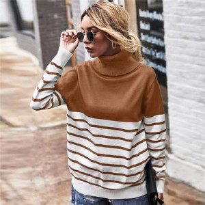 Stripes Design Contast Colors Long Sleeves Autumn and Winter Fashion Women Top - Brown