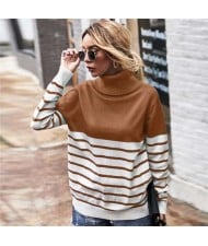 Stripes Design Contast Colors Long Sleeves Autumn and Winter Fashion Women Top - Brown