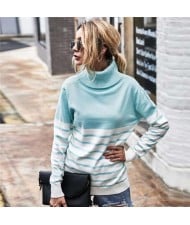 Stripes Design Contast Colors Long Sleeves Autumn and Winter Fashion Women Top - Sky Blue