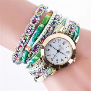 5 Colors Available Rhinestone Embellished High Fashion Women PU Winding Women Bracelet Watch