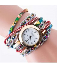 5 Colors Available Rhinestone Embellished High Fashion Women PU Winding Women Bracelet Watch