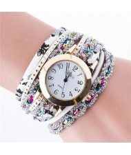 5 Colors Available Rhinestone Embellished High Fashion Women PU Winding Women Bracelet Watch