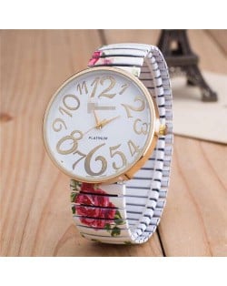 Exaggerating Arabic Numerals Fashion Floral Elastic Design Women Wrist Watch - White