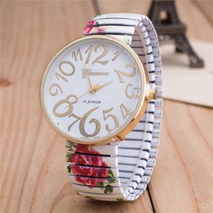 Exaggerating Arabic Numerals Fashion Floral Elastic Design Women Wrist Watch - White