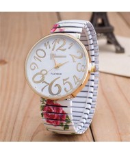 Exaggerating Arabic Numerals Fashion Floral Elastic Design Women Wrist Watch - White