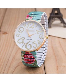 Exaggerating Arabic Numerals Fashion Floral Elastic Design Women Wrist Watch - Green