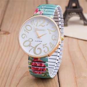 Exaggerating Arabic Numerals Fashion Floral Elastic Design Women Wrist Watch - Green