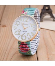 Exaggerating Arabic Numerals Fashion Floral Elastic Design Women Wrist Watch - Green