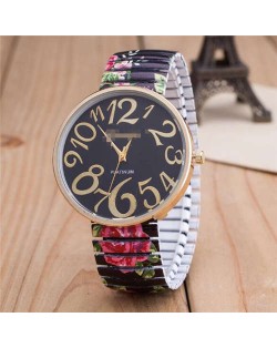 Exaggerating Arabic Numerals Fashion Floral Elastic Design Women Wrist Watch - Black