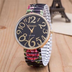 Exaggerating Arabic Numerals Fashion Floral Elastic Design Women Wrist Watch - Black