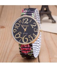 Exaggerating Arabic Numerals Fashion Floral Elastic Design Women Wrist Watch - Black