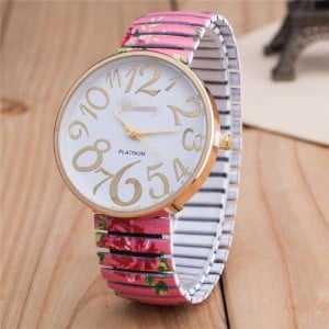 Exaggerating Arabic Numerals Fashion Floral Elastic Design Women Wrist Watch - Rose