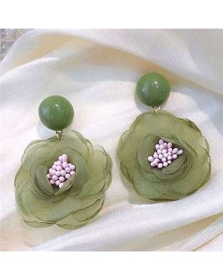 Vintage Korean Fashion Chiffon Flower Design Women Costume Earrings - Green