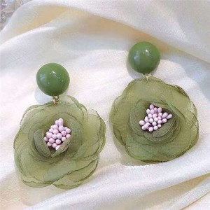 Vintage Korean Fashion Chiffon Flower Design Women Costume Earrings - Green