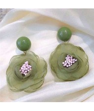 Vintage Korean Fashion Chiffon Flower Design Women Costume Earrings - Green