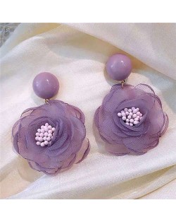 Vintage Korean Fashion Chiffon Flower Design Women Costume Earrings - Violet