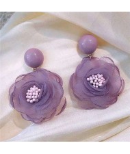 Vintage Korean Fashion Chiffon Flower Design Women Costume Earrings - Violet