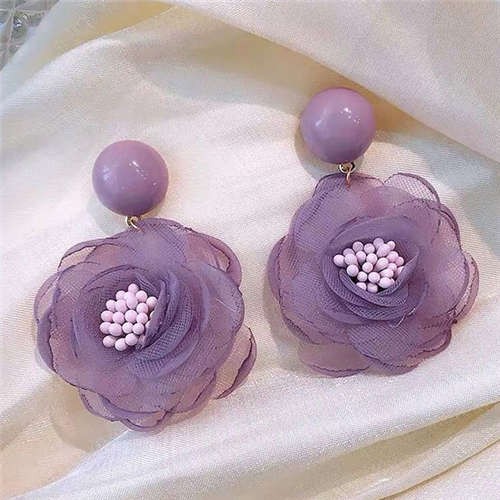 Vintage Korean Fashion Chiffon Flower Design Women Costume Earrings Violet