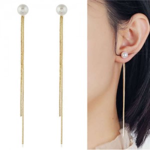 Pearl Fashion Chain Tassel Simple Design Women Earrings - Golden
