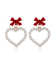 Bowknot Pearl Heart Design Korean Fashion Women Stud Earrings - Red