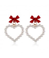 Bowknot Pearl Heart Design Korean Fashion Women Stud Earrings - Red