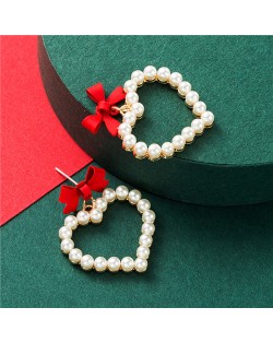 Bowknot Pearl Heart Design Korean Fashion Women Stud Earrings - Red